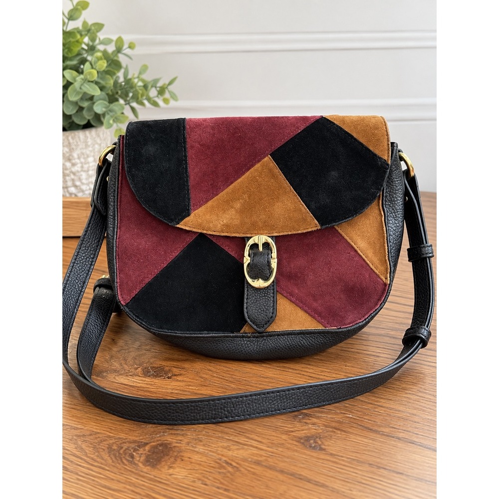 Emma Fox Leather Suede Patchwork Crossbody Bag Burgundy Tan Black Boho Saddle